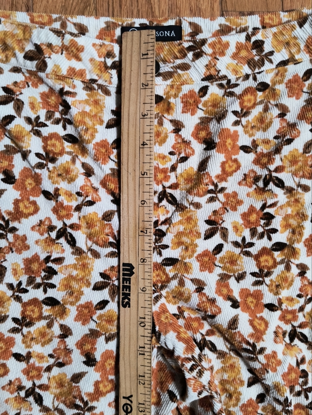 Versona Bell Bottoms, Corduroy Flare Leg Pants, Women's 8, Brown/Orange Floral - Picture 16 of 16